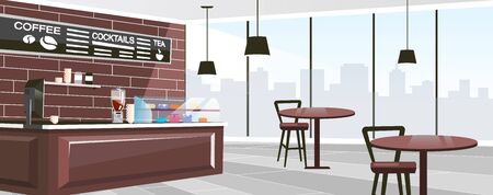 Urban cafe space flat vector illustration. Panoramic windows of modern coffee shop. Cartoon wooden counter, glass showcase with desserts. Trendy chalkboard menu with coffee, tea, cocktails listのイラスト素材