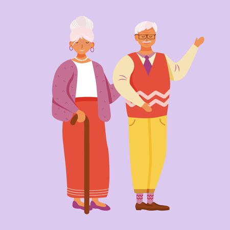 Aged smiling man and woman flat vector illustration. Welcoming grandparents. Cheerful grandpa, grandma. Happy senior couple standing together isolated cartoon character on violet backgroundのイラスト素材