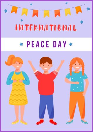 International peace day greeting card flat vector template. Smiling kids celebrate holiday. Boy and girls festive postcard design layout. Poster, banner, print with cartoon characters and letteringのイラスト素材