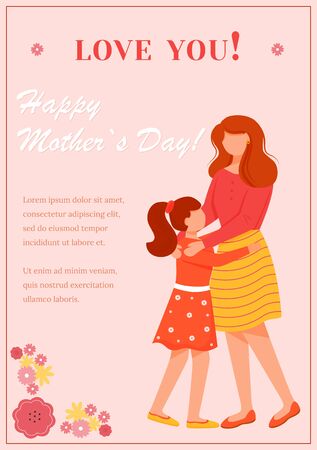 Happy mothers day greeting card flat vector template. Daughter congratulate mom on pink background. Family holiday postcard design layout. Poster, banner, print with cartoon characters and letteringのイラスト素材