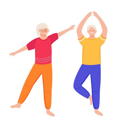 Retired people training flat vector illustration. Physical exercise. Healthy lifestyle. Old couple spends time together. Pensioners are doing yoga cartoon isolated characters on white backgroundのイラスト素材