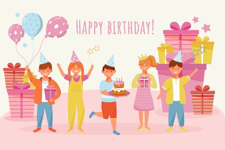 Happy birthday greeting card flat vector template. Joyful children holiday celebration. Kids party. Postcard, invitation design layout. Poster, banner, print with cartoon characters and letteringのイラスト素材