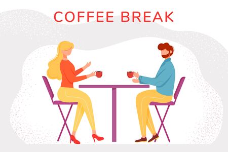 Coffee break flat vector illustration. Man and woman in cafe drinking hot tea during work pause. Office workers chatting, sharing ideas cartoon characters. First date, business people meeting conceptのイラスト素材