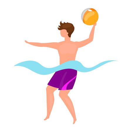 Volleyball flat vector illustration. Extreme sports. Man playing ball in water. Active lifestyle. Outdoor activities. Sportsman in pool isolated cartoon character on white backgroundのイラスト素材