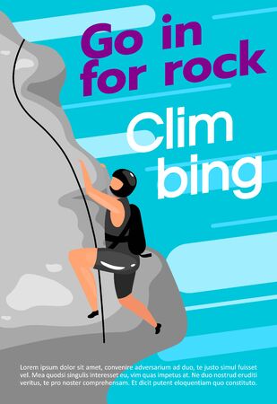 Go in for rock climbing poster vector template. Mountaineering. Brochure, cover, booklet page concept design with flat illustrations. Extreme sport. Advertising flyer, leaflet, banner layout ideaのイラスト素材