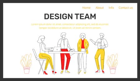Corporate landing page vector template. Design team. Company teamwork white website interface idea. Organization homepage layout. Business webpage with flat outline cartoon charactersのイラスト素材