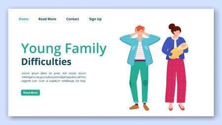 
Young family difficulties landing page vector template. Trouble relationship website interface idea with flat illustrations. Married couple with baby homepage layout, webpage cartoon concept のイラスト素材