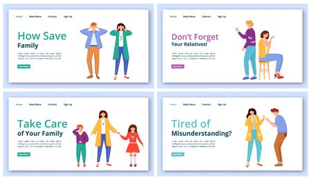 Trouble relationship landing page vector template set. Relatives, family problems website interface idea with flat illustrations. Tired of misunderstanding homepage layout, webpage cartoon conceptのイラスト素材