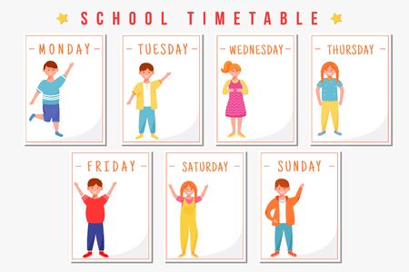 School timetable vector template. Children weekly planner empty pages concept design with flat illustrations. Happy boys and girls cartoon characters. Pupils schedule, personal organizer layoutのイラスト素材