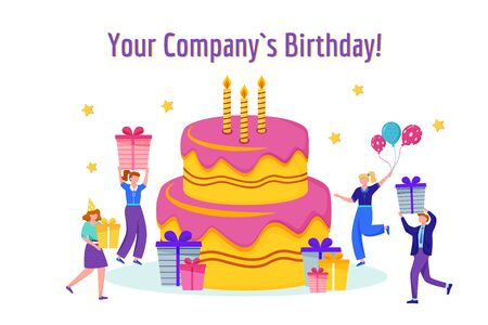 Company birthday celebration flat vector illustration. Corporate anniversary celebration concept. Cake with candles, gifts and workers cartoon characters. Greeting card design elementのイラスト素材