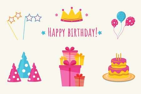 Birthday party flat vector illustrations set. Holiday celebration isolated stickers, cliparts pack. Birthday hats, balloon, cake, gifts elements. Greeting card, festive banner design layoutのイラスト素材