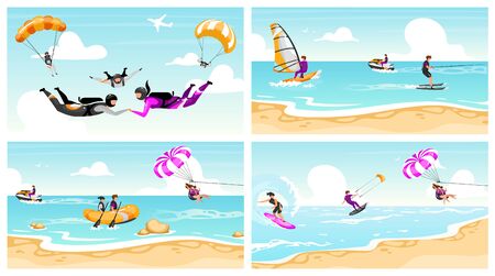 Extreme sport flat vector illustrations set. Couple skydiving, surfing, parachuting. Beach fun activities. Ocean windsurfing. Summer vacation. Water outdoor activities. Extremals cartoon charactersのイラスト素材