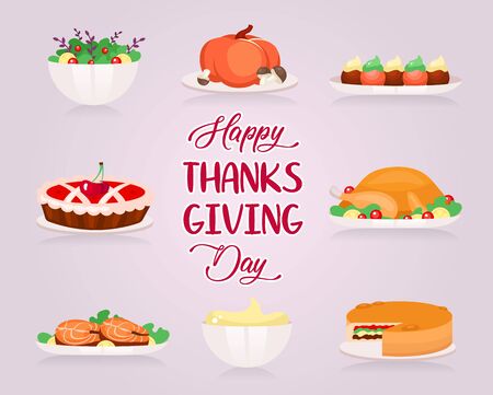 Happy Thanksgiving flat greeting card vector template. Different types of holiday food. Turkey and cherry pie. Postcard design with cartoon illustrations. Banner, poster layout with typographyのイラスト素材
