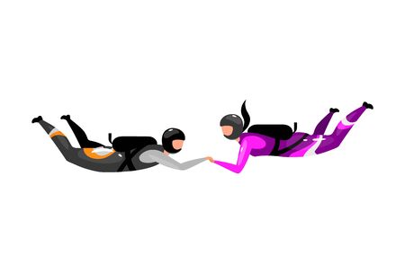 Accelerated free-fall flat vector illustration. Skydiving teamwork. Extreme sports. Active lifestyle. Outdoor activities. Sportsman, sportswoman isolated cartoon character on white backgroundのイラスト素材
