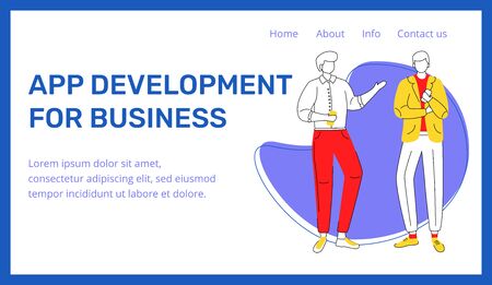 App development for business landing page vector template. Corporate website interface idea with flat illustrations. IT company homepage layout. Application programming webpage conceptのイラスト素材