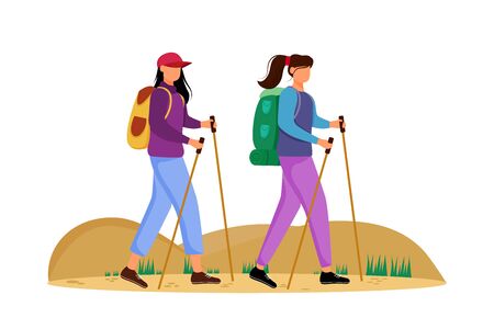 Budget tourism flat vector illustration. Hiking activity. Cheap travelling choice. Active vacation. Young women on a mountain trip. Walking tour isolated cartoon character on white backgroundのイラスト素材