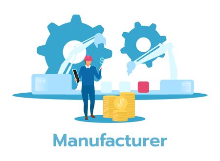 Manufacturer flat vector illustration. Man monitoring factory production line, counting revenue. Manufacturing process. Production concept. Business model. Isolated cartoon character on whiteのイラスト素材