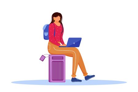 Using laptop during trip flat vector illustration. Booking hotel online. Working as freelancer while travelling abroad. Voyage preparation isolated cartoon character on white backgroundのイラスト素材