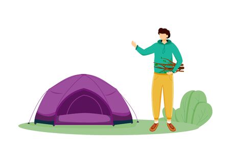 Staying in tent flat vector illustration. Summer camping activity. Cheap travelling choice. Active vacation. Young man on forest trip. Budget tourism isolated cartoon character on white backgroundのイラスト素材