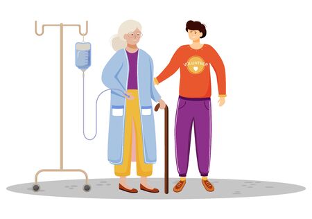 Elderly welfare flat vector illustration. Happy volunteer and old woman isolated cartoon characters on white background. Young son taking care of aged mother. Family support, medical help work conceptのイラスト素材
