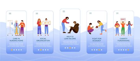 Voluntary work onboarding mobile app screen vector template. Charity activities, volunteering walkthrough website steps with flat characters. UX, UI, GUI smartphone cartoon interface conceptのイラスト素材