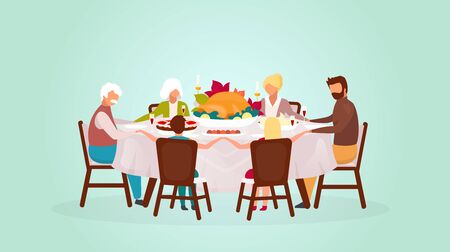 Thanksgiving day flat vector illustration. Fall holiday celebration. Eating festive meal together. Celebrating harvest with grandparents. Happy family dinner with turkey cartoon charactersのイラスト素材