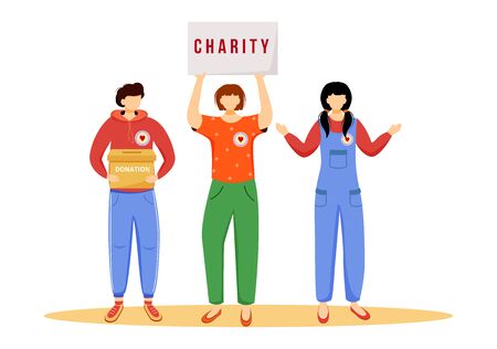 Volunteers collecting donations flat vector illustration. Slefless social activists isolated cartoon characters on white background. Public fundraising campaign. Charity, philanthropy conceptのイラスト素材