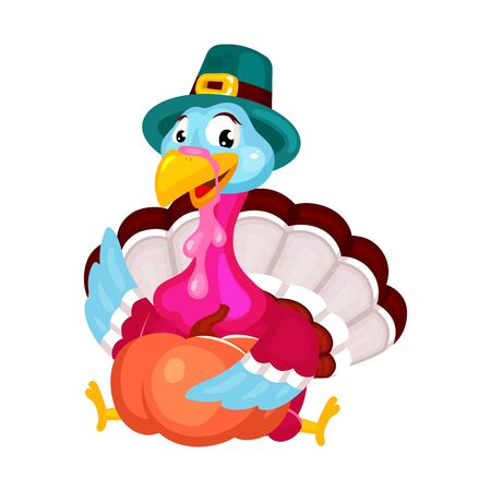 Thanksgiving day flat vector illustration. Turkey with traditional hat. Fall annual holiday celebration. Pilgrims turkey with pumpkin isolated cartoon character on white backgroundのイラスト素材