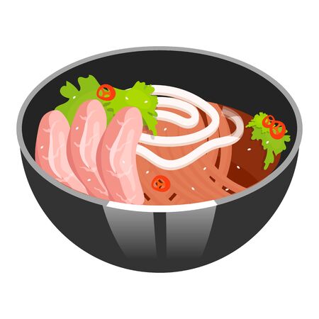 Noodle soup with sliced pork color icon. Asian dish in bowl. Eastern traditional cuisine. Ramen with meat chops. Chinese food with beaf and vegetables. Isolated vector illustrationのイラスト素材