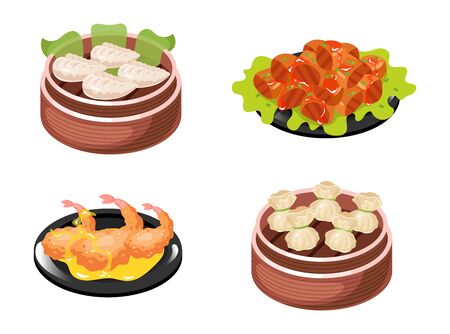 Chinese dishes color icons set. Dumplings types with meat and vegetables filling. Seafood, prawns and schrimps. Eastern traditional cuisine. Meat chops with sauce. Isolated vector illustrationsのイラスト素材