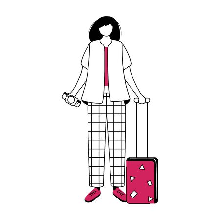 Girl tourist with suitcase and boarding pass flat contour vector illustration. Travel abroad isolated cartoon outline character on white background. Woman going on trip. Budget tourism simple drawingのイラスト素材