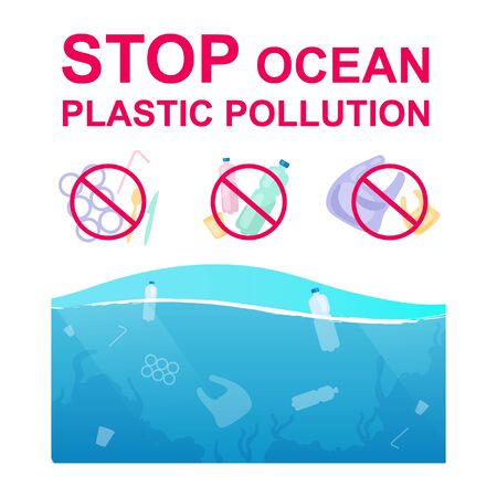 Stop plastic pollution in ocean flat concept icons set. Nature protection. Waste reduce and refuse. No plastic stickers, cliparts pack. Isolated cartoon illustrations on white backgroundのイラスト素材