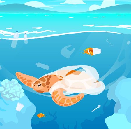 Turtle trapped in plastic garbage flat vector illustration. Sea pollution problem. Ecological catastrophe. Water contamination, nature damage. Marine animal in ocean cartoon characterのイラスト素材