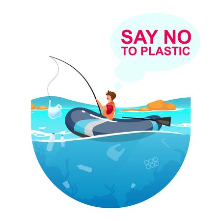 Person fishing in sea full of plastic garbage flat concept icon. Ocean pollution. Fisherman with plastic package on rod sticker, clipart. Isolated cartoon illustration on white backgroundのイラスト素材