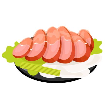 Sliced pork color icon. Asian dish on black plate. Eastern traditional cuisine. Meat chops with seasoning and salad. Chinese food with beaf and vegetables. Isolated vector illustrationのイラスト素材