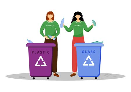 Waste management flat vector illustration. Young volunteer, environmental activists isolated cartoon characters on white background. Women recycling garbage. Pollution prevention conceptのイラスト素材