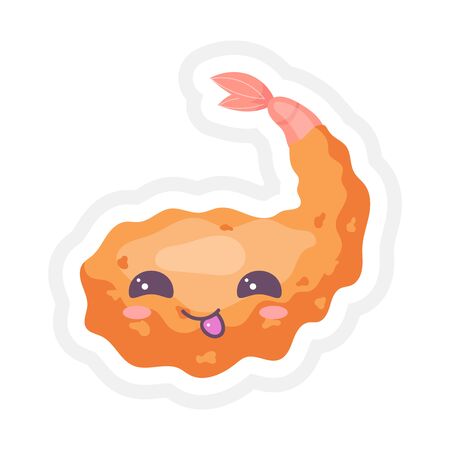 Chinese king prawn cute kawaii vector character. Asian seafood with smiling face. Eastern traditional cuisine. Chinese fried spicy shrimp. Funny emoji, emoticon. Isolated cartoon color illustrationのイラスト素材