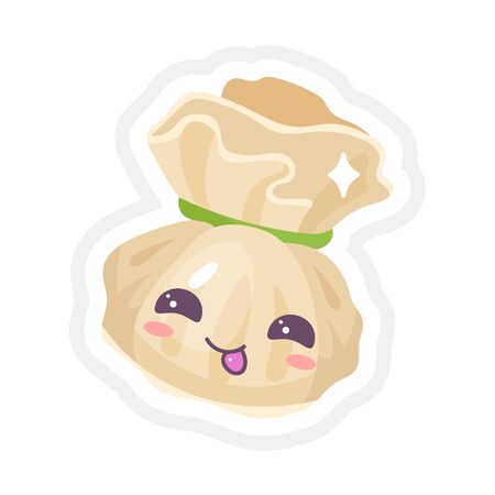 Chinese dumpling cute kawaii vector characters set. Asian dish with smiling face. Eastern cuisine tradition. Dumpling with meat, vegetables. Funny emoji, emoticon. Isolated cartoon color illustrationのイラスト素材