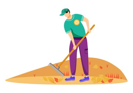 Volunteer cleaning leaves flat vector illustration. Community service worker in uniform isolated cartoon character on white background. Environmental activist working with rakes. Seasonal choresのイラスト素材