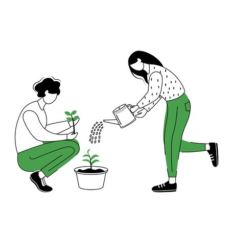 People growing plants flat contour vector illustration. Gardeners isolated cartoon outline character on white background. Couple seeding and watering houseplants simple drawing. Gardening conceptのイラスト素材