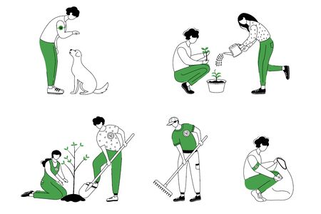 Community workers flat contour vector illustrations set. Social activists isolated cartoon outline characters on white background. Pet adoption, garbage cleaning and trees planting simple drawingのイラスト素材