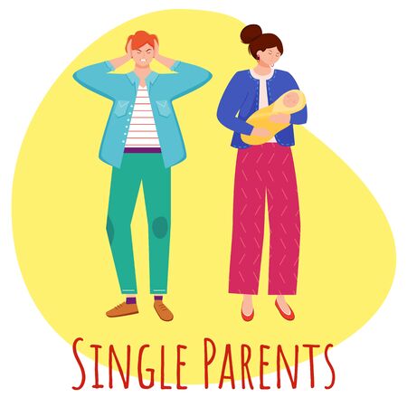 Single parents flat poster vector template. Misunderstandment in relationship isolated cartoon characters on yellow. Young families problems. Couple with baby. Banner design layout with textのイラスト素材