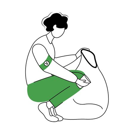 Man cleaning garbage flat contour vector illustration. Community service worker isolated cartoon outline character on white background. Volunteer colecting trash in plastic bag simple drawingのイラスト素材