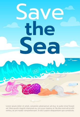 Save sea brochure template. Mermaid trapped in fishnet. Flyer, booklet, leaflet concept with flat illustrations. Vector page cartoon layout for magazine. Advertising poster with text spaceのイラスト素材