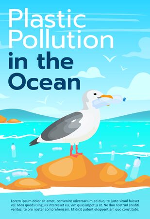 Plastic pollution in ocean brochure template. Sea contamination. Flyer, booklet, leaflet concept with flat illustrations. Vector page cartoon layout for magazine. Advertising poster with text spaceのイラスト素材