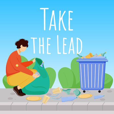 Take lead social media post mockup. Environment care advertising web banner design template. Social media booster, content layout. Waste management promotion poster, print ads with flat illustrationsのイラスト素材
