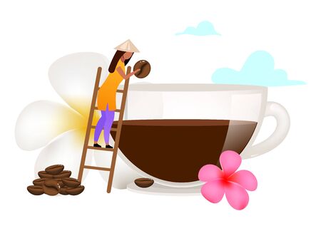Small family coffee business flat vector illustration. Small-scale coffee production. Smallhoder. Plumeria flower. Indonesia. Isolated cartoon concept on white backgroundのイラスト素材