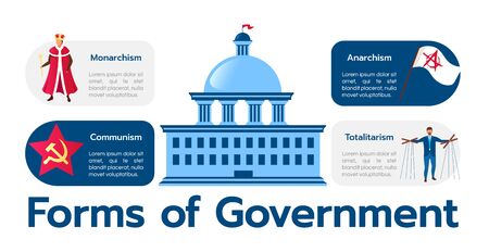 Forms of government vector infographic template. Monarchism and totalitarianism. Political systems poster, booklet concept design with flat illustrations. Advertising flyer with workflow layout ideaのイラスト素材