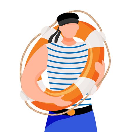 Boatswain flat vector illustration. Seafarer in work uniform. Maritime occupation. Sailor with lifebuoy isolated cartoon character on white backgroundのイラスト素材