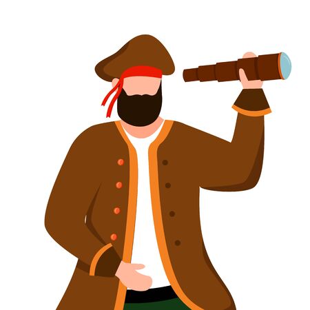 Pirate flat vector illustration. Clothing rental. Marine festival. Maritime costume ideas. Buccaneer isolated cartoon character on white backgroundのイラスト素材